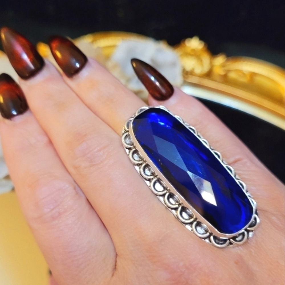 Vintage Faceted Blue Sapphire Sterling Silver Statement Ring Sz 8